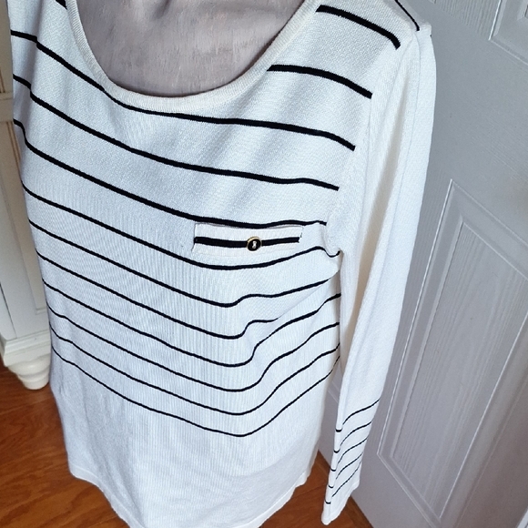 August Silk Black and White Striped Long Sleeve Button Back Top - Picture 8 of 14